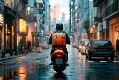 Motorcyclist with an orange delivery bag riding a scooter on a wet city street.の素材