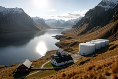 Industrial storage tanks and buildings on a valley beside a lake with mountains.の素材