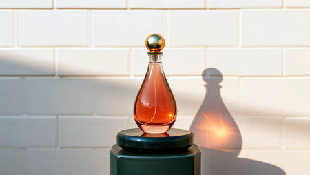 Orange perfume bottle on a dark stand with sunlight.の素材