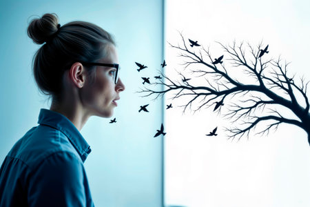 Woman in glasses looking at a tree silhouette with flying birds.の素材