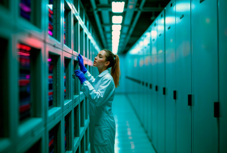 Woman in lab coat adjusting server rack in data center.の素材