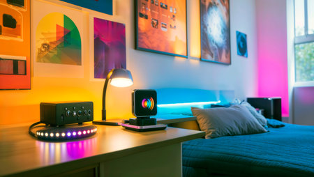 A modern bedroom with a desk featuring colorful smart home devices and glowing lights.の素材