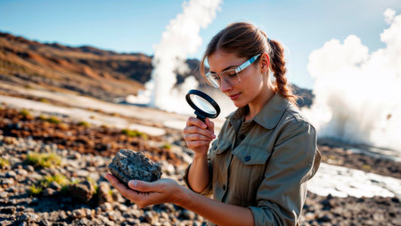 Young woman holding a rock and magnifying glass with geysers in background.の素材