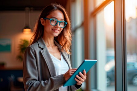 Portrait of a smiling professional woman in a blazer and glasses holding a digital tablet indoors.の素材