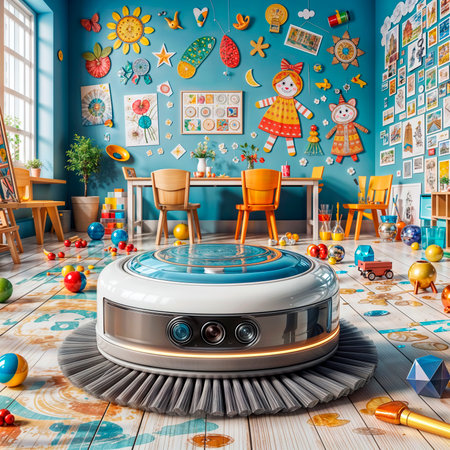 Robotic vacuum cleaner in a messy, colorful children's playroom.の素材