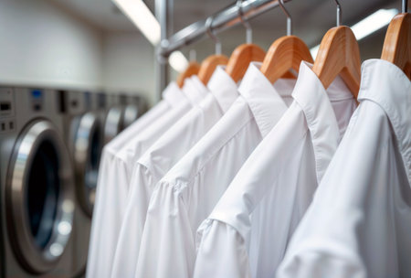 Clean white dress shirts on wooden hangers on a metal rack in a commercial laundromat.の素材