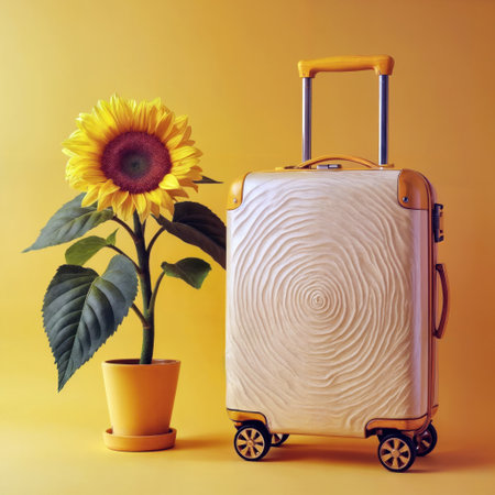 Stylized hard-shell suitcase with sunflower against a solid yellow background. Space for text.の素材