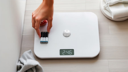 Hand placing AAA batteries into a white digital bathroom scale.の素材