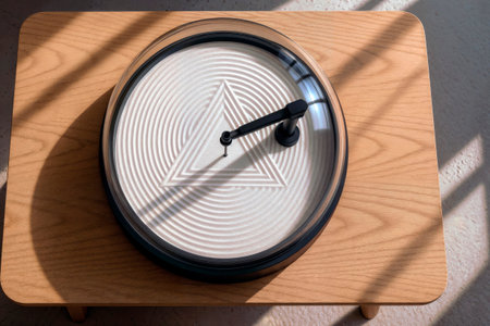 Kinetic sand table drawing a triangular pattern on a wooden table.の素材