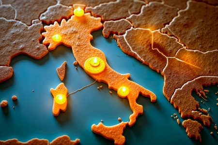 Italy map with glowing location markers on a blue background.の素材