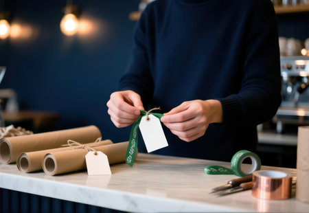 Tying a green ribbon on a blank gift tag for eco-friendly holiday gift wrapping.の素材