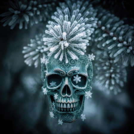 Carved skull ornament with snowflakes on a frosted winter pine branch.の素材