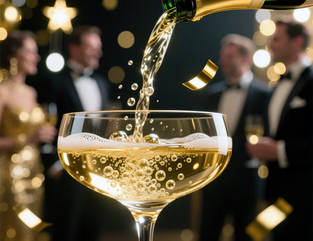 Sparkling wine being poured into a coupe glass at a festive party.の素材
