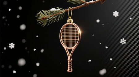 Tennis racket ornament on pine branch with snowflakes on black.の素材