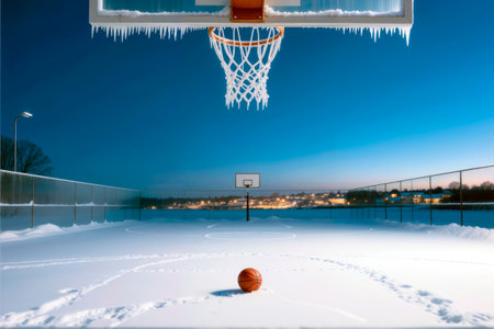 Empty snow covered basketball court at dusk with frozen hoop and icicles.の素材