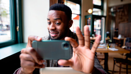 Young man on a video call with a smartphone in a cafe.の素材