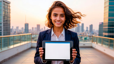 Businesswoman holding blank tablet on rooftop with city skyline. Space for text.の素材