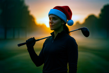 Woman golfer in Santa hat at golden hour on golf course.の素材