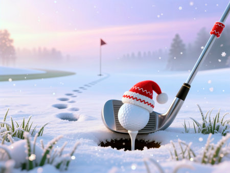 Golf ball with Santa hat on tee in snow on a winter golf course at sunrise.の素材
