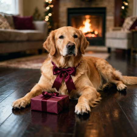 Golden retriever with burgundy bow and gift by fireplace.の素材