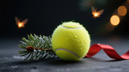Tennis ball with dew and pine branch with red ribbon on dark background.の素材