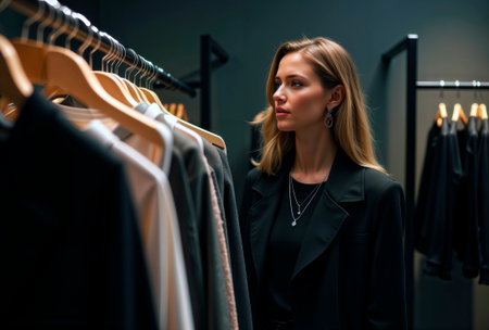 Woman browsing rack in a modern boutique.の素材