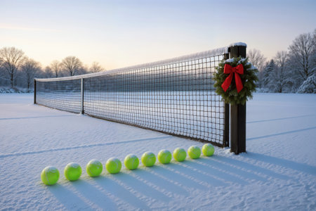 Tennis balls and Christmas wreath on a snow-covered outdoor tennis court.の素材