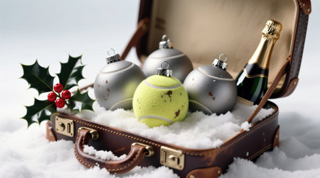 Tennis ball with Christmas ornaments in a vintage suitcase for a winter holiday trip.の素材