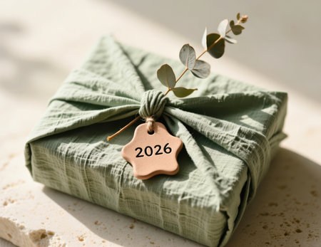Green fabric-wrapped gift with 2026 tag and eucalyptus sprig.の素材