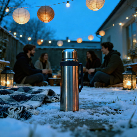 Thermos in snow with friends gathered on a winter patio at dusk.の素材