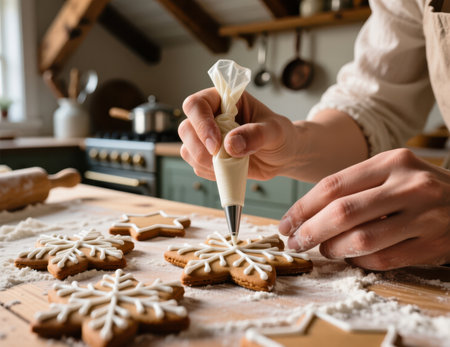 Close up of hands icing gingerbread cookies in a home kitchen.の素材