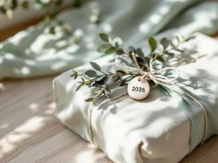 Fabric-wrapped gift with eucalyptus and 2026 tag in natural light.の素材