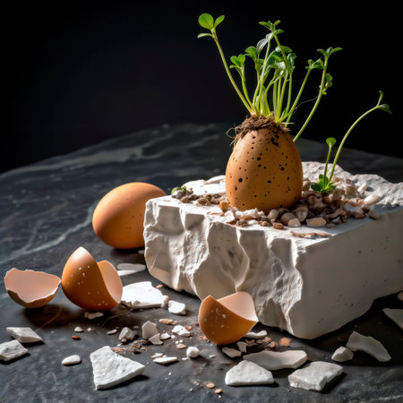 Green sprout growing from eggshell on broken stone.の素材