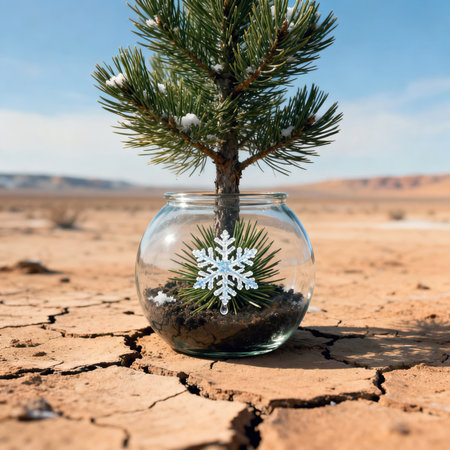 Small pine tree in glass bowl with snowflake on cracked desert.の素材