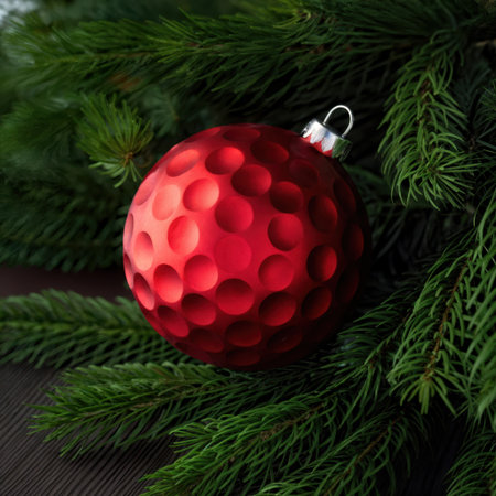 Red Christmas ornament with golf ball texture on a green fir branch.の素材