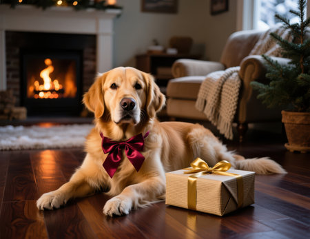Golden retriever with red bow beside gift in cozy living room.の素材