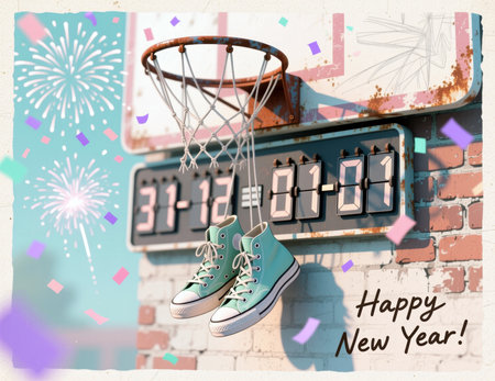 Sneakers on basketball hoop with New Year countdown scoreboard and confetti.の素材