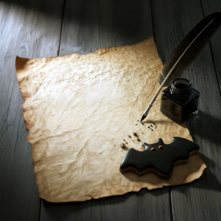 Quill pen and inkwell on old parchment with a Halloween bat cookie. Space for text.の素材
