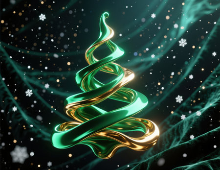 Abstract spiral Christmas tree in glowing green and gold with snowflakes.の素材