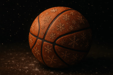 Basketball with embossed snowflakes in a dark, snowy winter setting.の素材