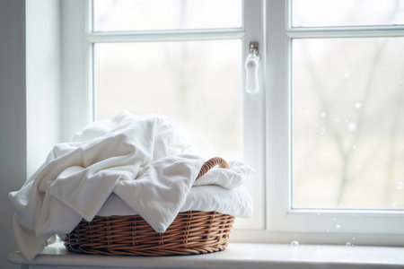 Wicker laundry basket with fresh white lines on a windowsill.の素材