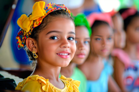 Portrait of a smiling young hispanic girl with a colorful headband.の素材