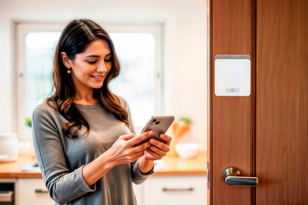 Woman using smartphone app to control smart home door lock.の素材