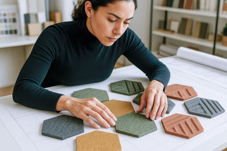 Woman arranging colorful hexagonal acoustic panels on a studio work table.の素材