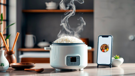 Steaming rice in modern smart rice cooker with smartphone in kitchen.の素材
