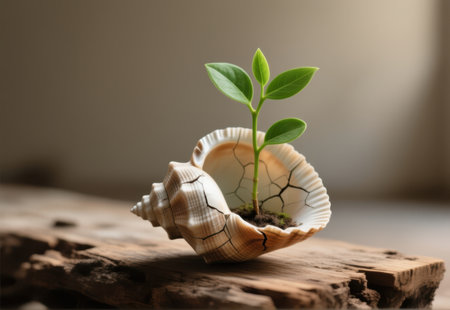 Small green plant seedling growing from a cracked seashell on wood.の素材