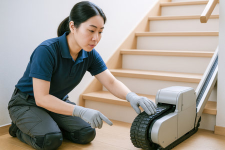 Female technician inspecting a tracked stair-climbing robot.の素材