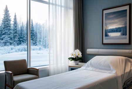Empty bed in a clean hospital room with a window view of a snowy forest.の素材