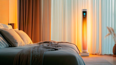 Smart tower space heater glowing in a cozy modern bedroom.の素材