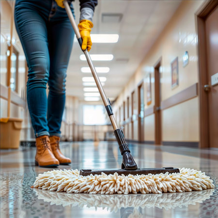 Janitor mopping a shiny floor in a commercial building hallway.の素材